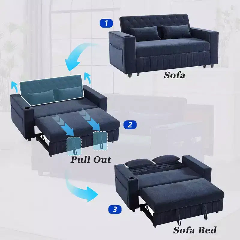 Divano letto estraibile da 156 cm, divanetto convertibile con schienale regolabile per soggiorno, blu