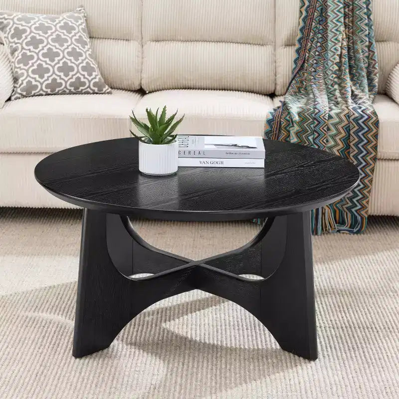 GDFStudio Sungmin Modern Wooden Round Coffee Table with Cross-Designed Legs
