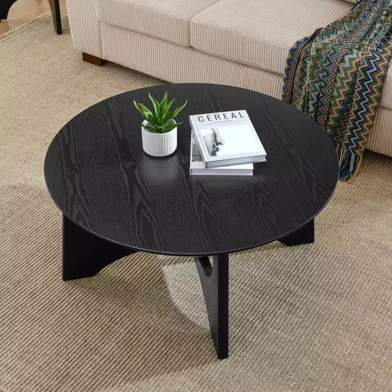 Tavolino da caffè rotondo moderno in legno con gambe a croce, diametro 91 cm, nero