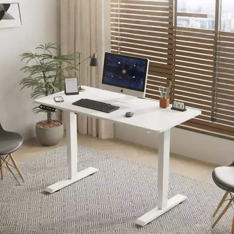 Scrivania Regolabile in Altezza, Tavolo da Lavoro Sit-Stand con Struttura Stabile per Ufficio Domestico, Bianco, 140x60 cm