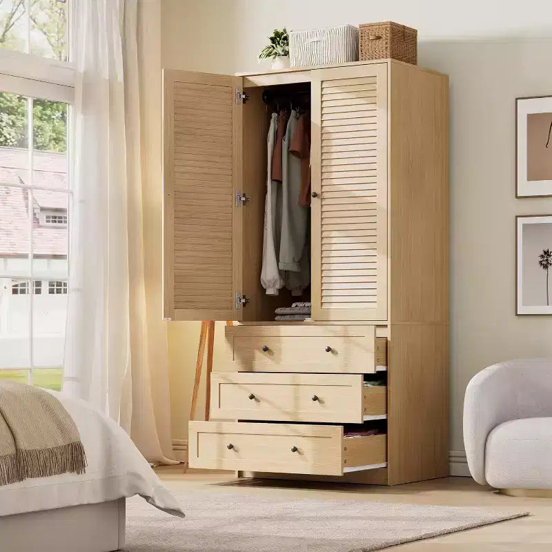 Shutter Door Wardrobe, PB+MDF+Laminate U7 Amorior 3-Drawer Closet, Teak Finish, for Bedroom Cloakroom