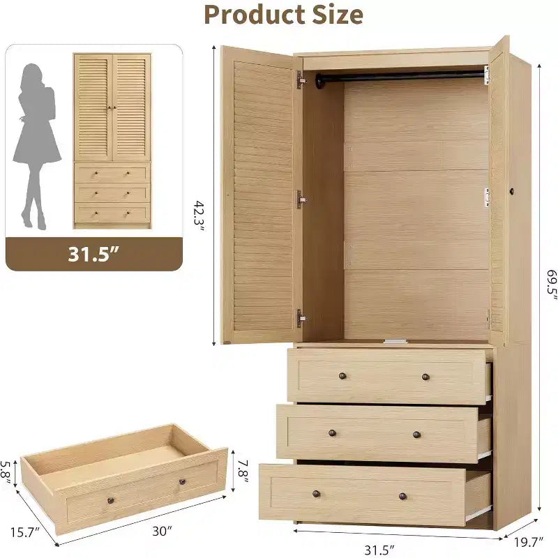 Armadio con ante a persiana, guardaroba a 3 cassetti in finitura Teak per camera da letto e guardaroba