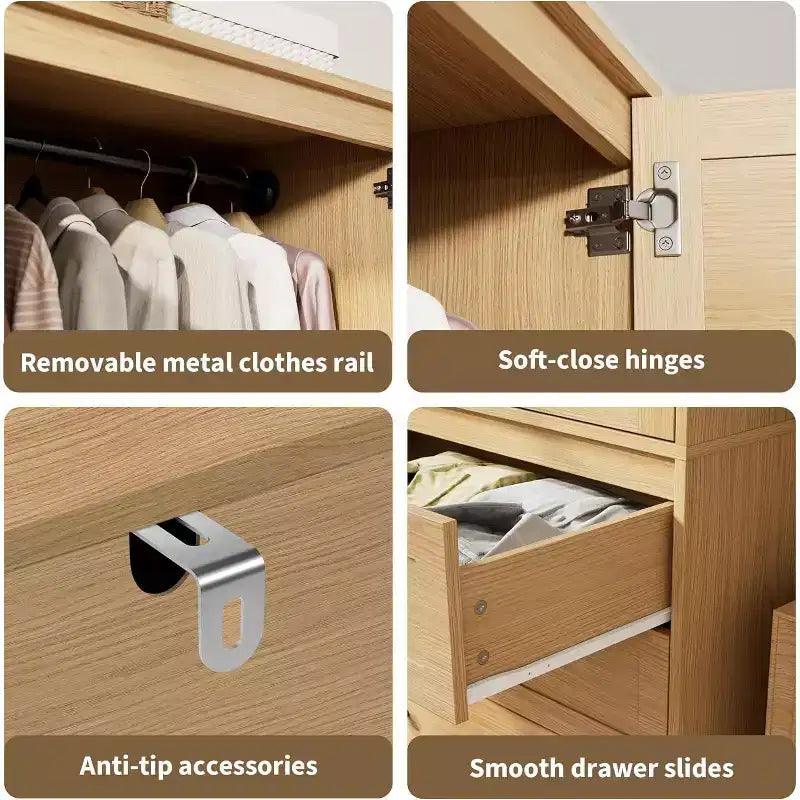Armadio con ante a persiana, guardaroba a 3 cassetti in finitura Teak per camera da letto e guardaroba