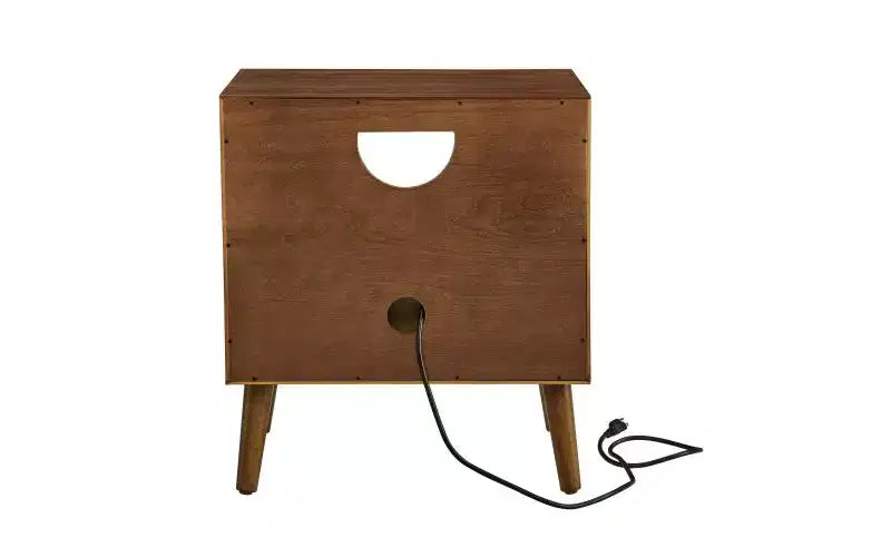 Comodino Mid-Century Modern con Prese di Corrente, Ripiano Aperto e Cassetto, Finitura Noce