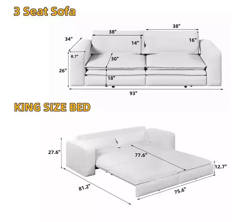 Divano letto estraibile King Size da 93", divano Teddy convertibile 3-in-1 con 2 cuscini lombari