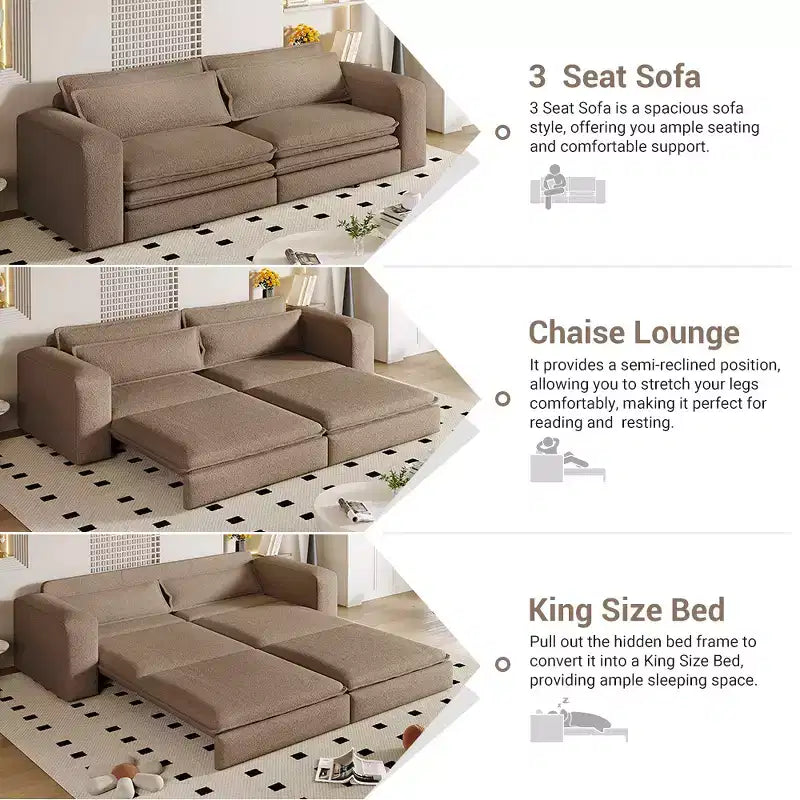 Divano letto estraibile King Size da 93", divano Teddy convertibile 3-in-1 con 2 cuscini lombari