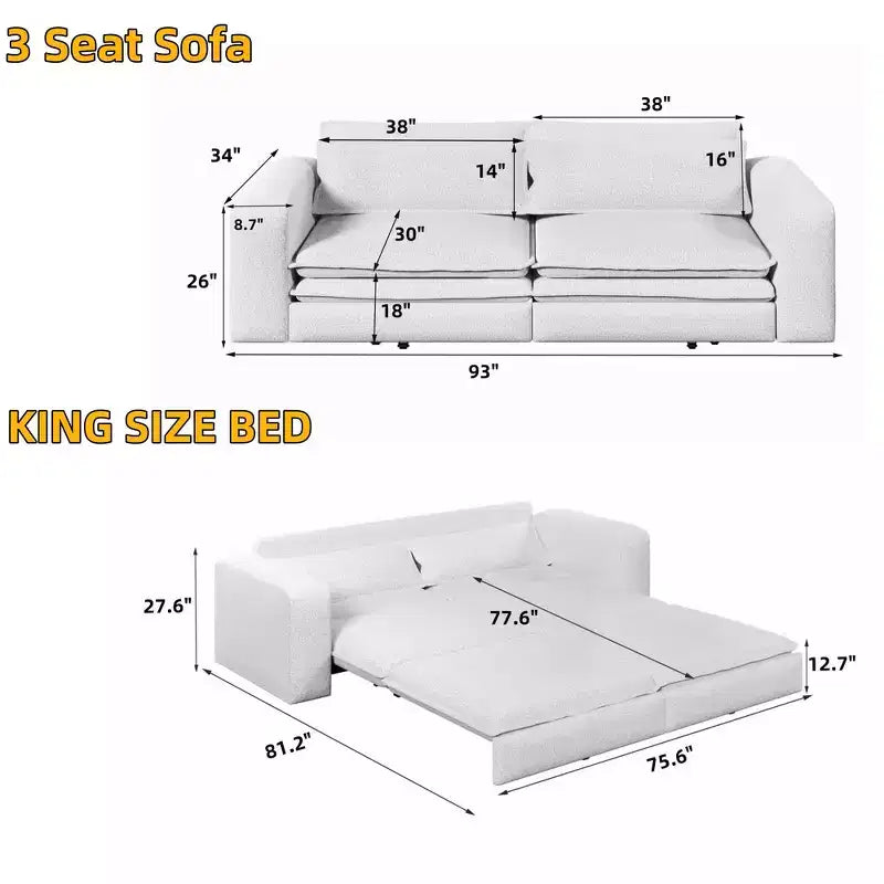 Divano letto estraibile King Size da 93", divano Teddy convertibile 3-in-1 con 2 cuscini lombari
