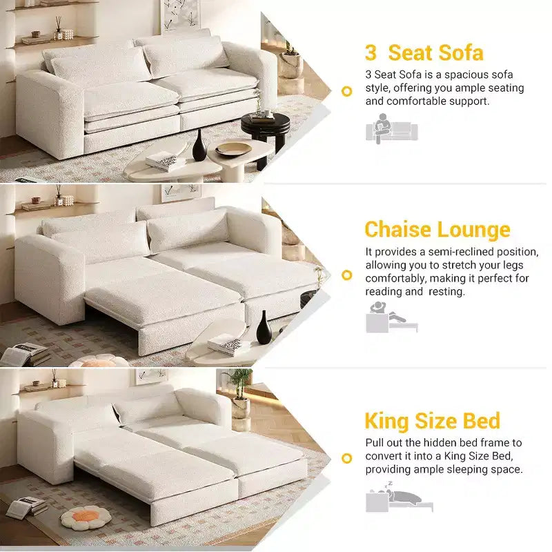 Divano letto estraibile King Size da 93", divano Teddy convertibile 3-in-1 con 2 cuscini lombari