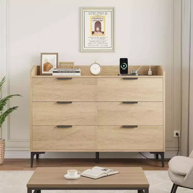 6 Dresser for Bedroom, 47.2 in Wide Drawer Dresser with Power Outlets, Wooden Closet Storage Chest for Living Room