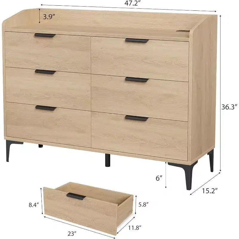 Comò a 6 cassetti con prese di corrente, largo 120 cm, rovere naturale per camera da letto o soggiorno