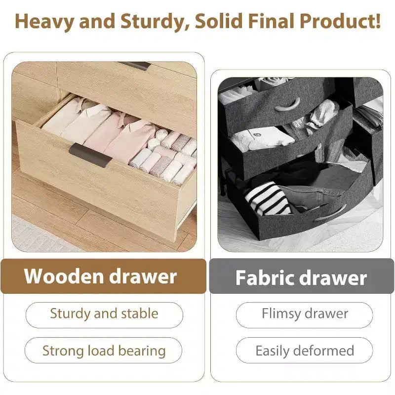 Comò a 6 cassetti con prese di corrente, largo 120 cm, rovere naturale per camera da letto o soggiorno