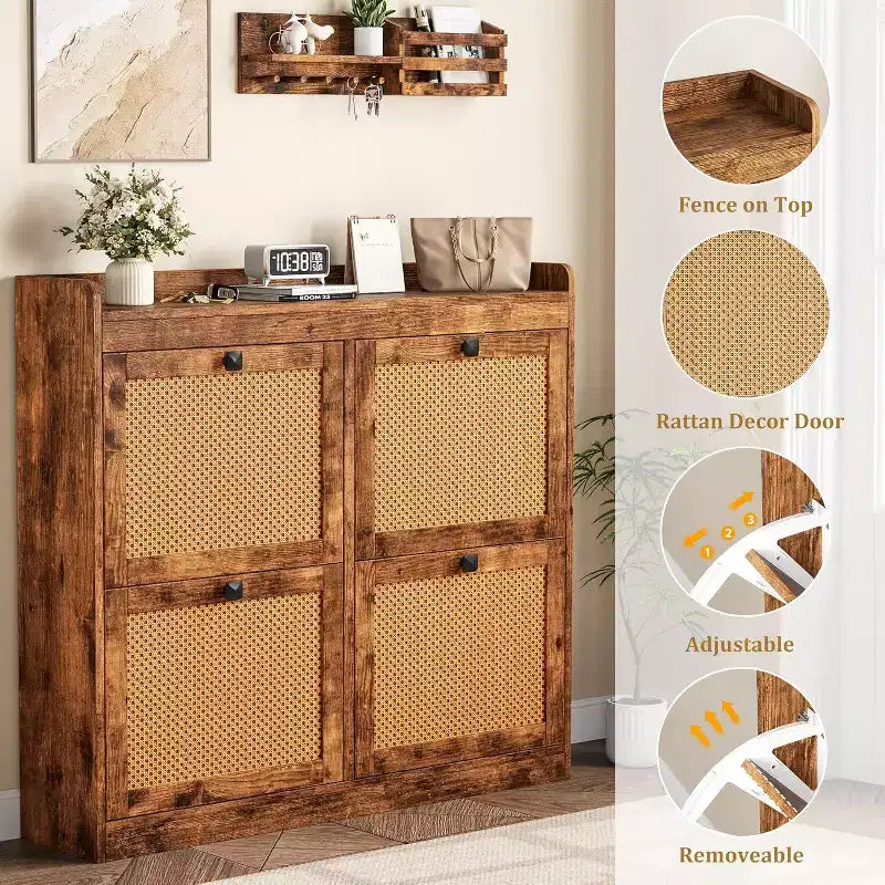 Scarpiera in rattan con 4 cassetti a ribalta, organizer per scarpe autoportante in legno con ripiani regolabili, porta scarpe per ingresso, armadio