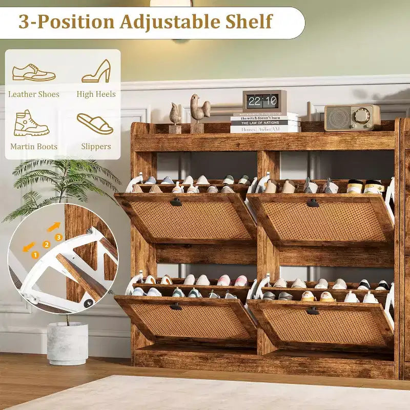 Scarpiera in rattan con 4 cassetti a ribalta, organizer per scarpe autoportante in legno con ripiani regolabili, porta scarpe per ingresso, armadio