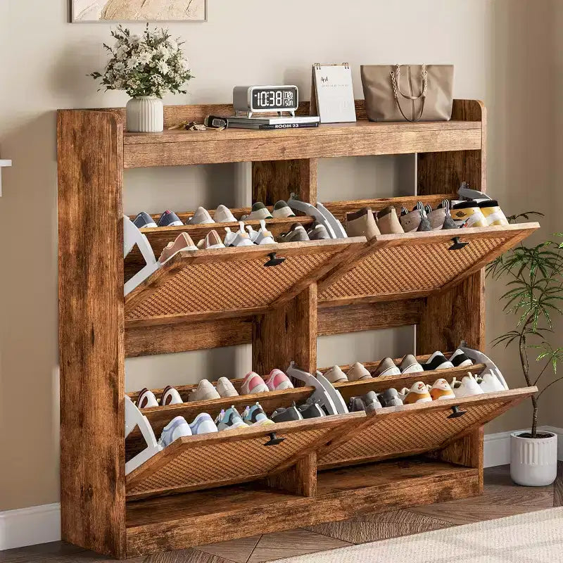 Scarpiera in rattan con 4 cassetti a ribalta, organizer per scarpe autoportante in legno con ripiani regolabili, porta scarpe per ingresso, armadio