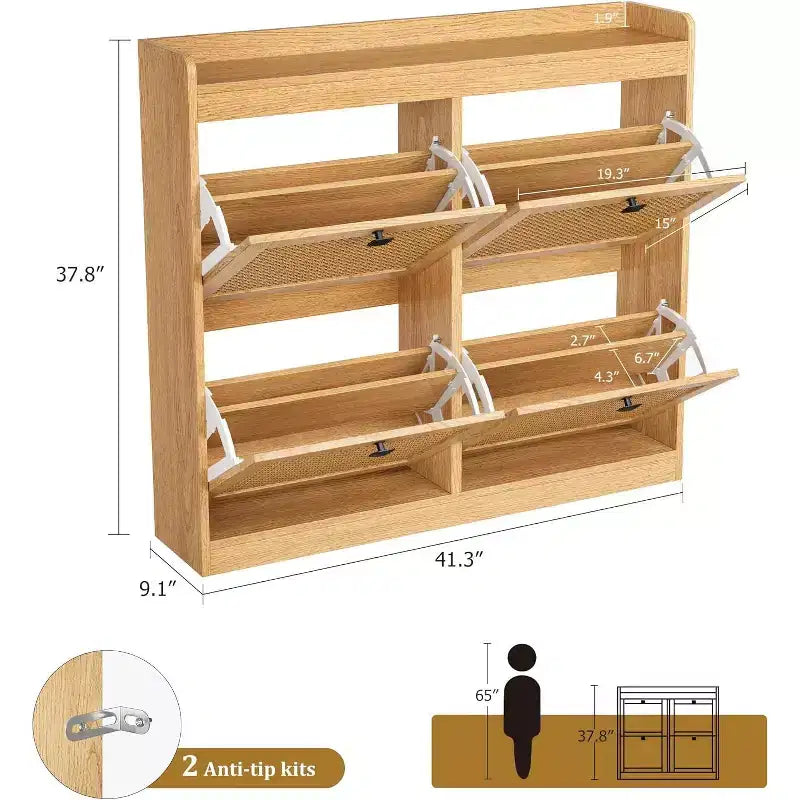 Scarpiera in rattan con 4 cassetti a ribalta, organizer per scarpe autoportante in legno con ripiani regolabili, porta scarpe per ingresso, armadio