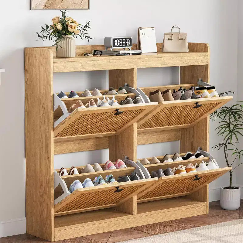 Scarpiera in rattan con 4 cassetti a ribalta, organizer per scarpe autoportante in legno con ripiani regolabili, porta scarpe per ingresso, armadio