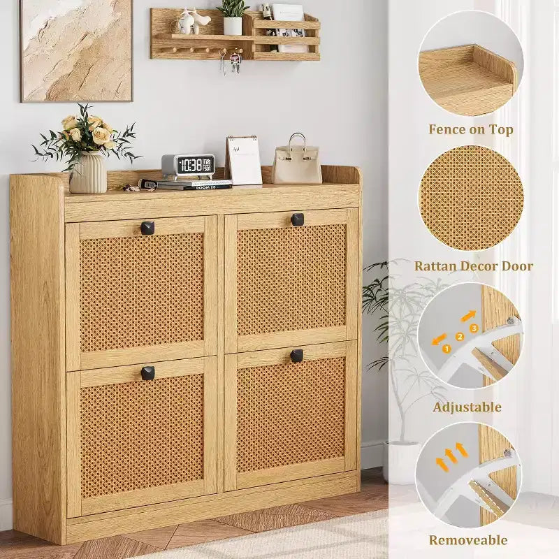 Scarpiera in rattan con 4 cassetti a ribalta, organizer per scarpe autoportante in legno con ripiani regolabili, porta scarpe per ingresso, armadio