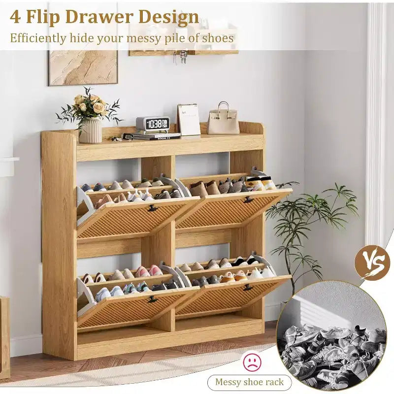 Scarpiera in rattan con 4 cassetti a ribalta, organizer per scarpe autoportante in legno con ripiani regolabili, porta scarpe per ingresso, armadio