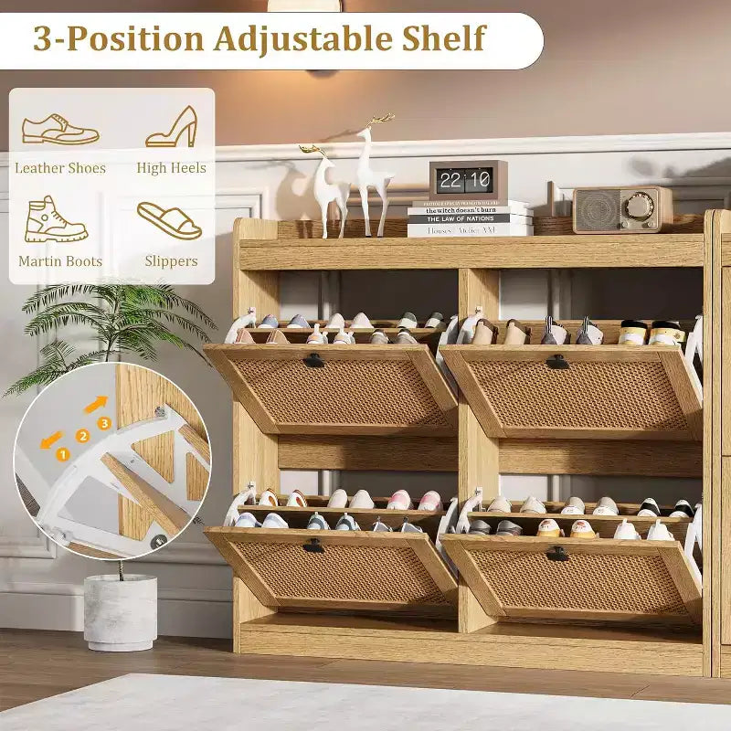 Scarpiera in rattan con 4 cassetti a ribalta, organizer per scarpe autoportante in legno con ripiani regolabili, porta scarpe per ingresso, armadio