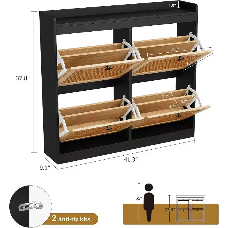 Scarpiera in rattan con 4 cassetti a ribalta, organizer per scarpe autoportante in legno con ripiani regolabili, porta scarpe per ingresso, armadio