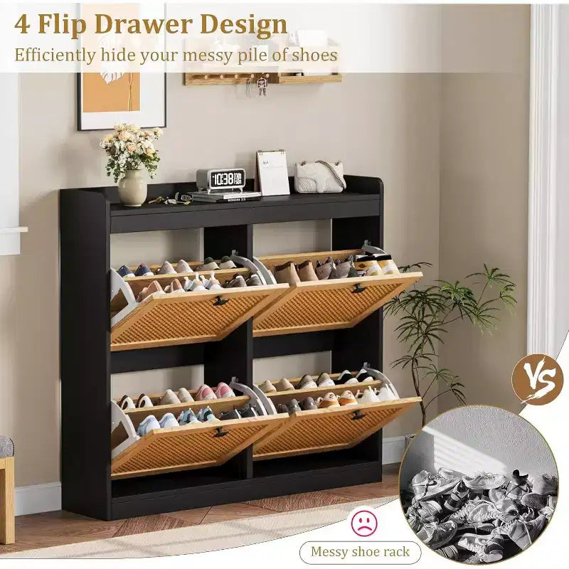 Scarpiera in rattan con 4 cassetti a ribalta, organizer per scarpe autoportante in legno con ripiani regolabili, porta scarpe per ingresso, armadio