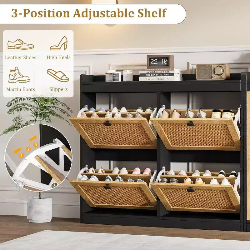 Scarpiera in rattan con 4 cassetti a ribalta, organizer per scarpe autoportante in legno con ripiani regolabili, porta scarpe per ingresso, armadio
