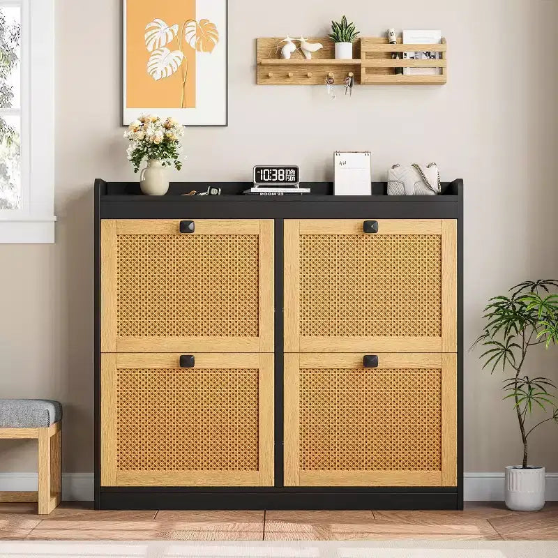 Scarpiera in rattan con 4 cassetti a ribalta, organizer per scarpe autoportante in legno con ripiani regolabili, porta scarpe per ingresso, armadio
