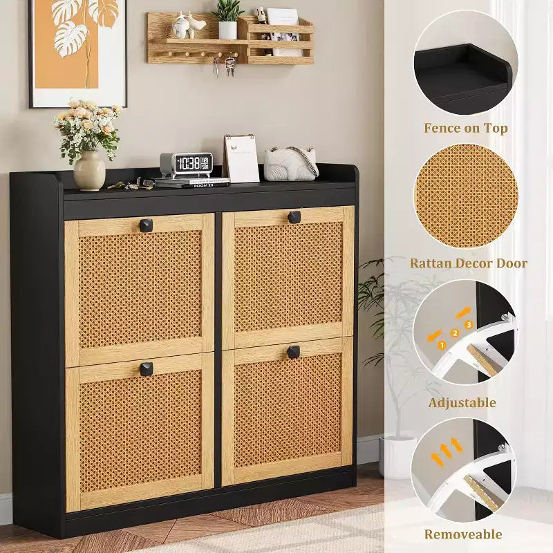Scarpiera in rattan con 4 cassetti a ribalta, organizer per scarpe autoportante in legno con ripiani regolabili, porta scarpe per ingresso, armadio
