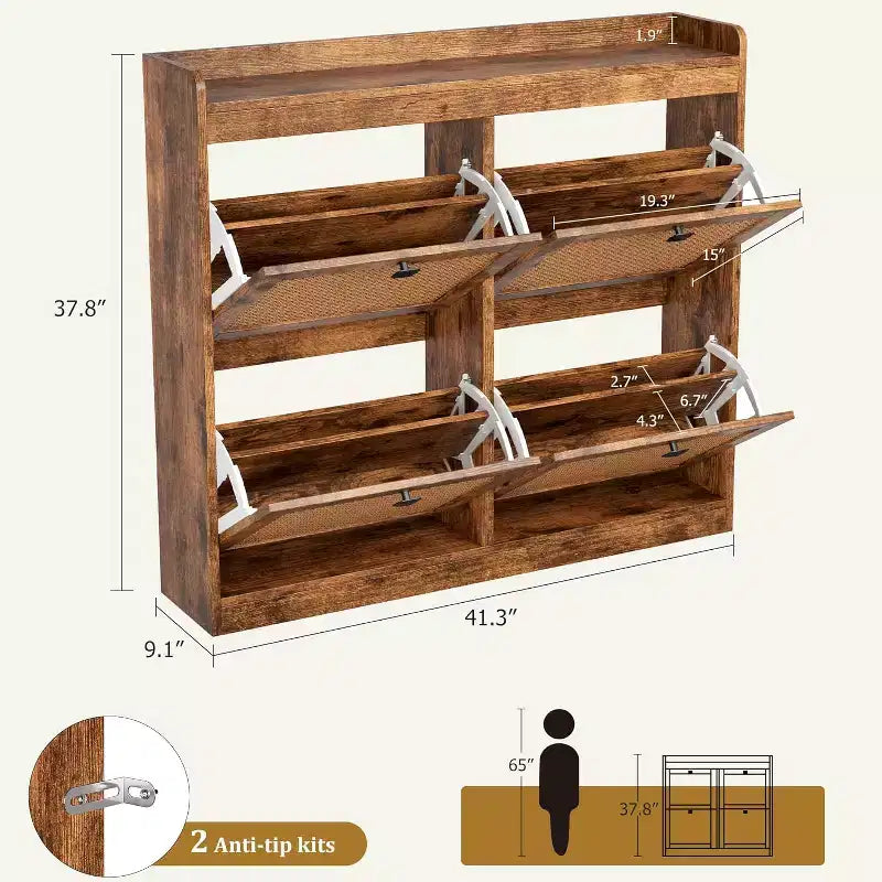 Scarpiera in rattan con 4 cassetti a ribalta, organizer per scarpe autoportante in legno con ripiani regolabili, porta scarpe per ingresso, armadio