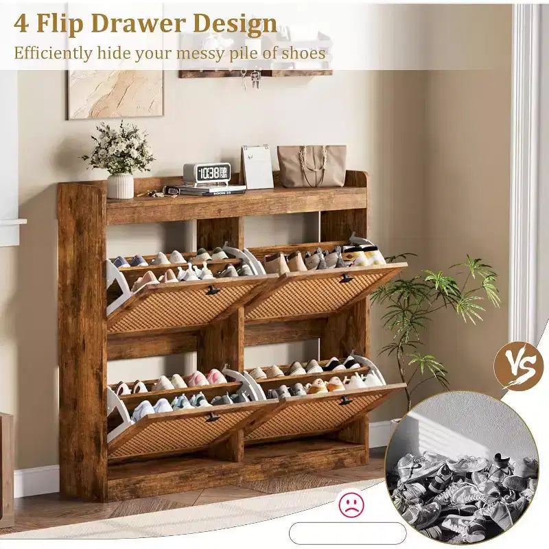 Scarpiera in rattan con 4 cassetti a ribalta, organizer per scarpe autoportante in legno con ripiani regolabili, porta scarpe per ingresso, armadio