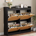 Shoe Cabinet Rattan with 4 Flip Drawers, Wooden Freestanding Shoe Organizer with Adjustable Shelves, Shoe Storage for Entryway, Closet