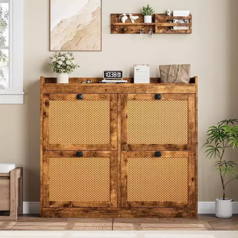 Scarpiera in rattan con 4 cassetti a ribalta, organizer per scarpe autoportante in legno con ripiani regolabili, porta scarpe per ingresso, armadio