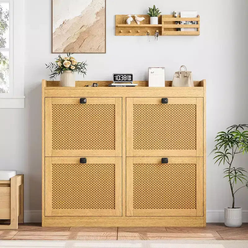 Scarpiera in rattan con 4 cassetti a ribalta, organizer per scarpe autoportante in legno con ripiani regolabili, porta scarpe per ingresso, armadio
