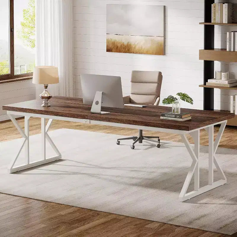 Scrivania grande direzionale da 78,74", tavolo da computer e scrittura per ufficio domestico industriale, marrone rustico/bianco