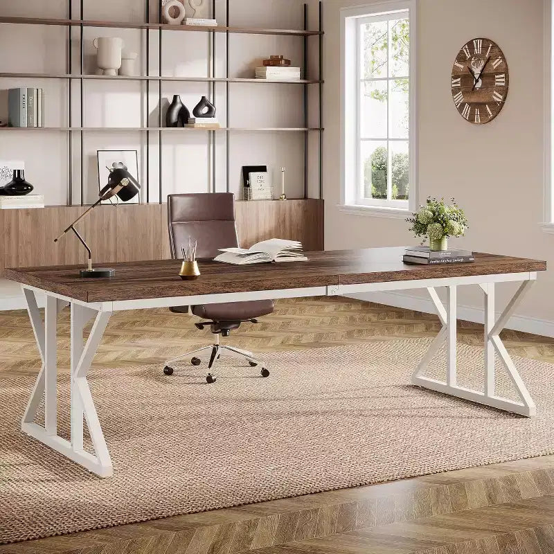 Scrivania grande direzionale da 78,74", tavolo da computer e scrittura per ufficio domestico industriale, marrone rustico/bianco