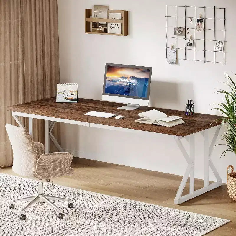 Scrivania grande direzionale da 78,74", tavolo da computer e scrittura per ufficio domestico industriale, marrone rustico/bianco