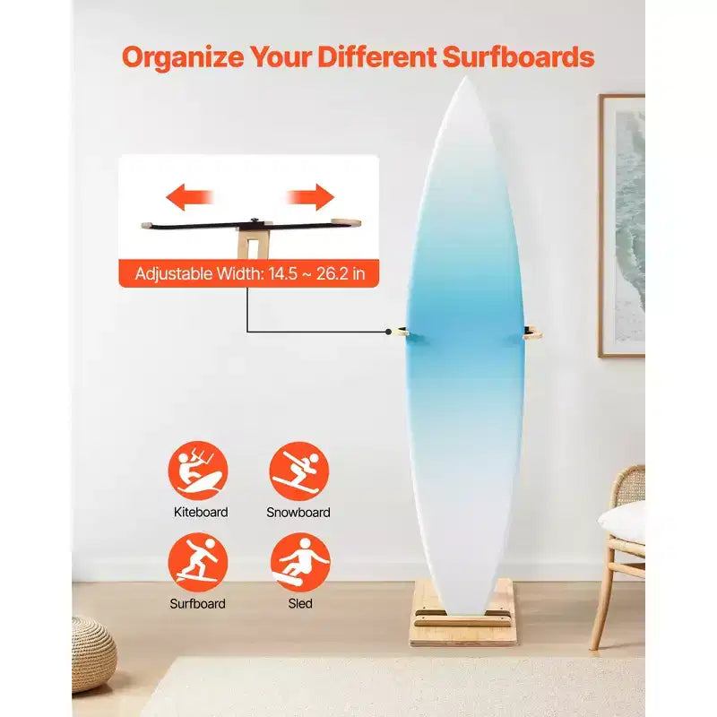 Supporto verticale per tavole da surf, rastrelliera in legno per riporre ed esporre, regolabile e autoportante, legno naturale
