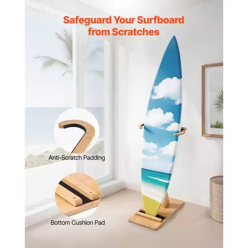 Supporto verticale per tavole da surf, rastrelliera in legno per riporre ed esporre, regolabile e autoportante, legno naturale
