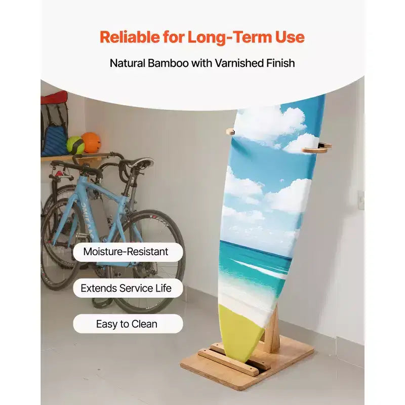 Supporto verticale per tavole da surf, rastrelliera in legno per riporre ed esporre, regolabile e autoportante, legno naturale