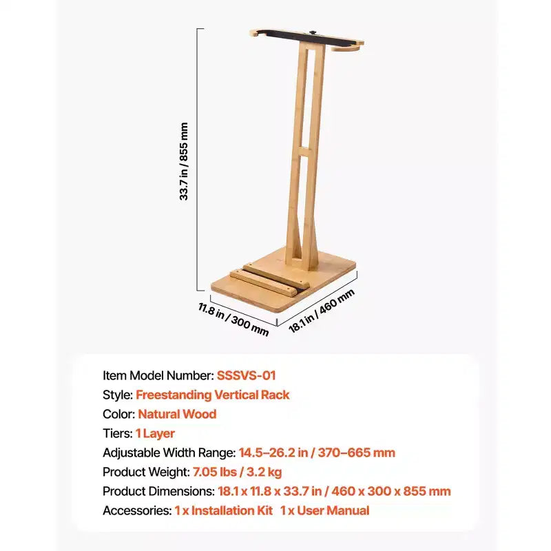 Supporto verticale per tavole da surf, rastrelliera in legno per riporre ed esporre, regolabile e autoportante, legno naturale
