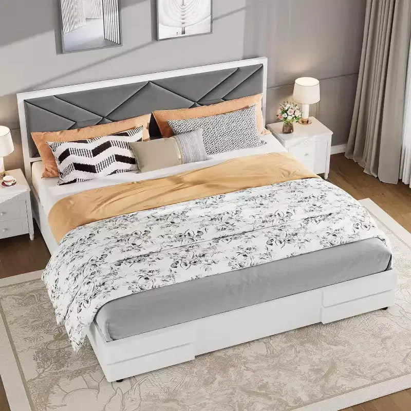 Acekool Modern Tufted Upholstered Bed Frame, White Platform Bed with Headboard for Bedroom or Apartment