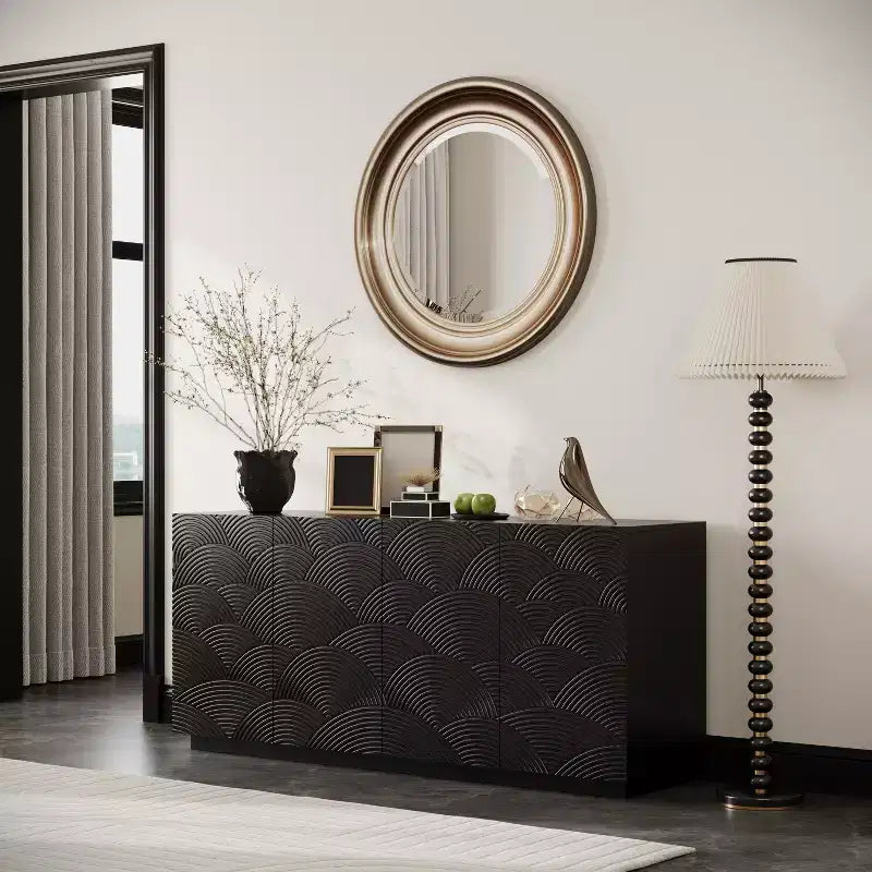 60 Mid Century Modern Sideboard Buffet Cabinet with Storage, Adjustable Shelves, Geometric Pattern, TV Media Console for Living Room
