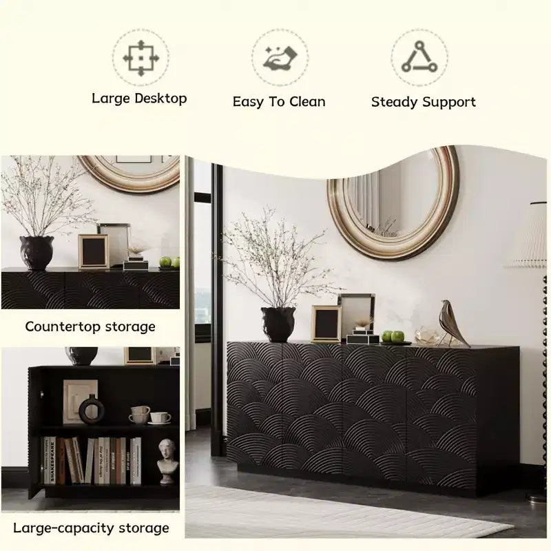 Credenza/Buffet Moderno di Metà Secolo con 60 Vani Contenitore, Ripiani Regolabili, Motivo Geometrico, Mobile TV per Soggiorno