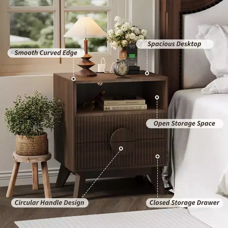 Set of 1 Oak Ash Fluted Bedside Tables C 2 Drawers, Open Shelf, for Bedroom/Office