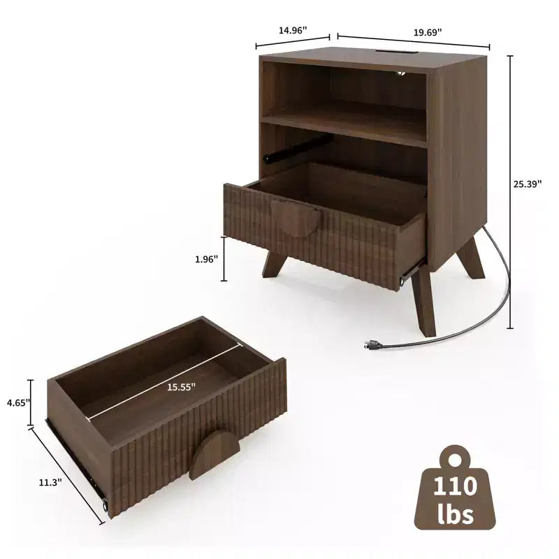 Comodino scanalato in rovere e frassino con 2 cassetti e ripiano aperto per camera da letto o ufficio