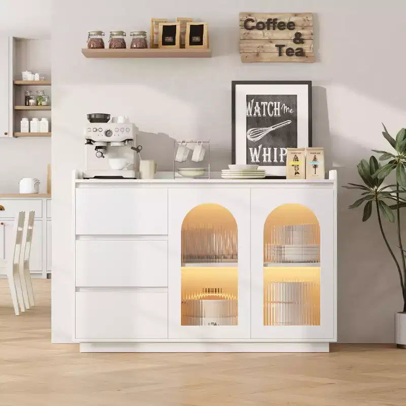 48 Moderno Mobile Bar da Caffè con Ante in Vetro, 3 Cassetti e Illuminazione - Credenza da Cucina per Sala da Pranzo e Soggiorno