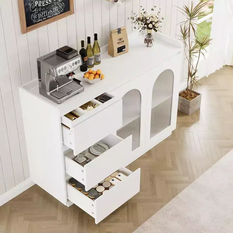 48 Moderno Mobile Bar da Caffè con Ante in Vetro, 3 Cassetti e Illuminazione - Credenza da Cucina per Sala da Pranzo e Soggiorno