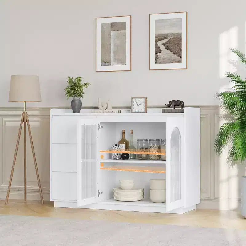 48 Moderno Mobile Bar da Caffè con Ante in Vetro, 3 Cassetti e Illuminazione - Credenza da Cucina per Sala da Pranzo e Soggiorno