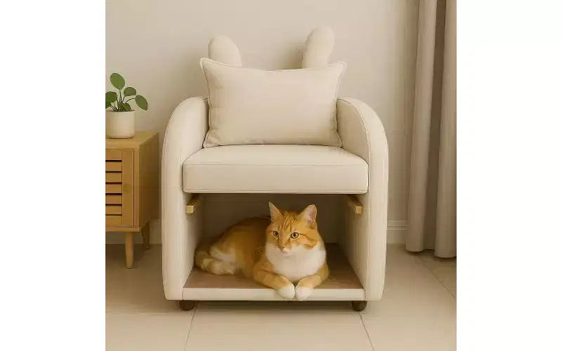 Poltrona "Orecchie di coniglio" pet-friendly con cuccia integrata per gatti/cani e tasche laterali, Beige