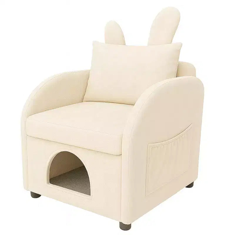 Poltrona "Orecchie di coniglio" pet-friendly con cuccia integrata per gatti/cani e tasche laterali, Beige